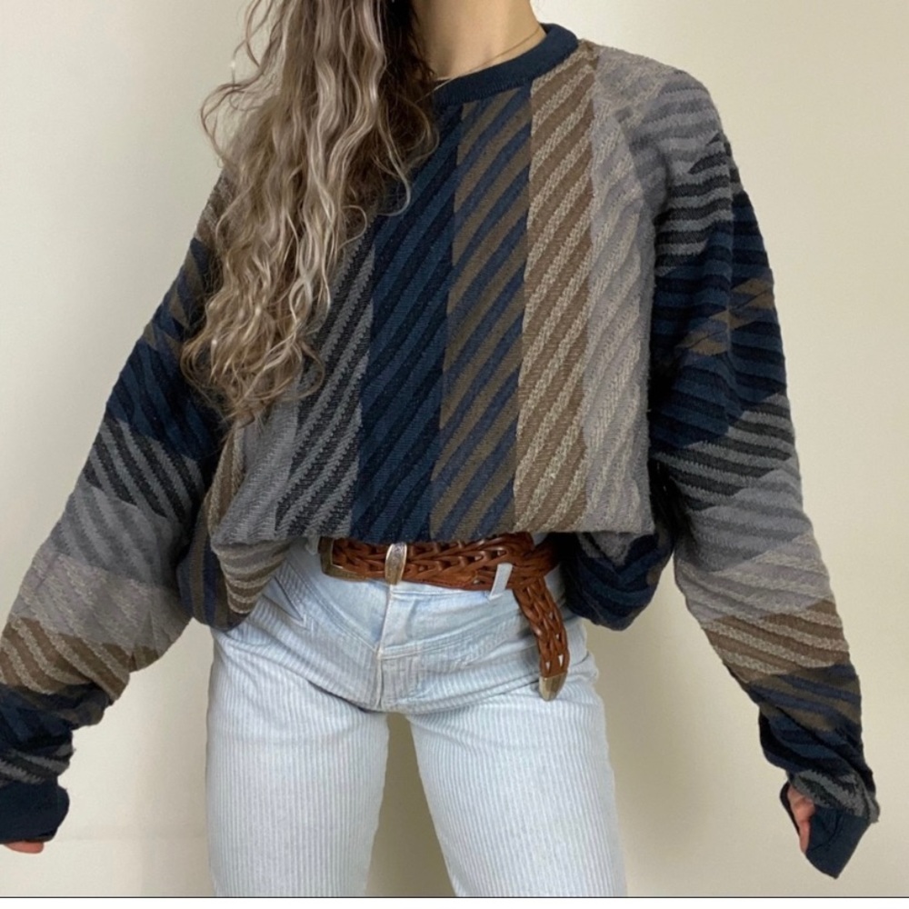 Vintage 90s Stripe Print Oversized Grandpa Sweater